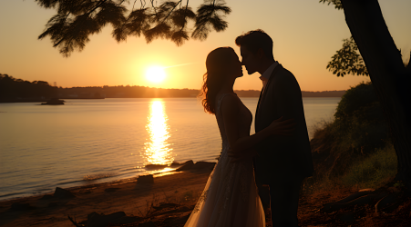 夕阳下的浪漫婚纱照摄影图片