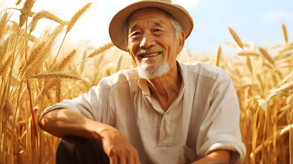 中国老人欣然在麦田前微笑的超逼真摄影图片