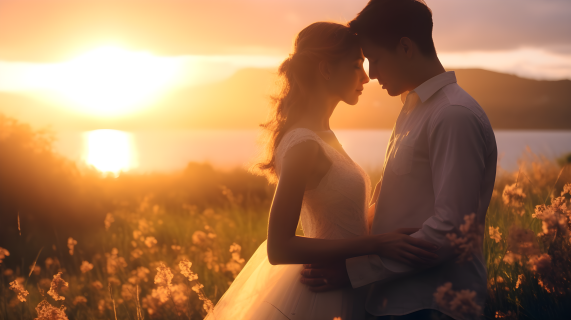 夕阳下浪漫花海的婚礼摄影图片