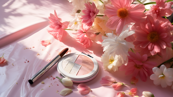 浪漫粉色眼影白桌上的多彩花朵摄影图