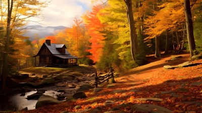 秋季枫树林中的小屋摄影图片