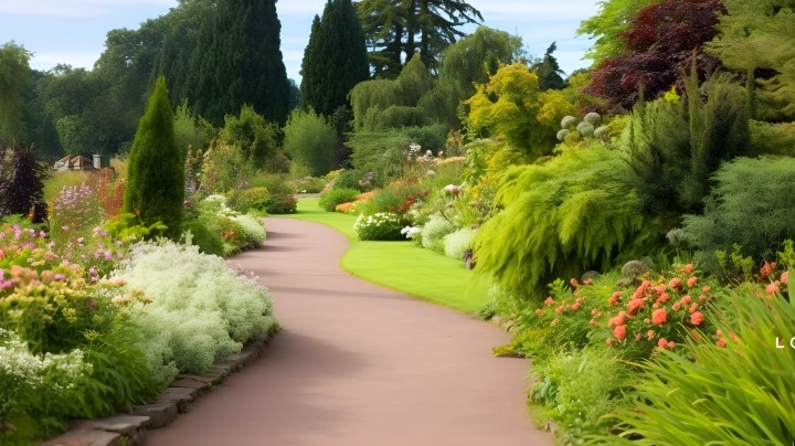 花园小径，两侧高低错落的植物摄影版权图片下载