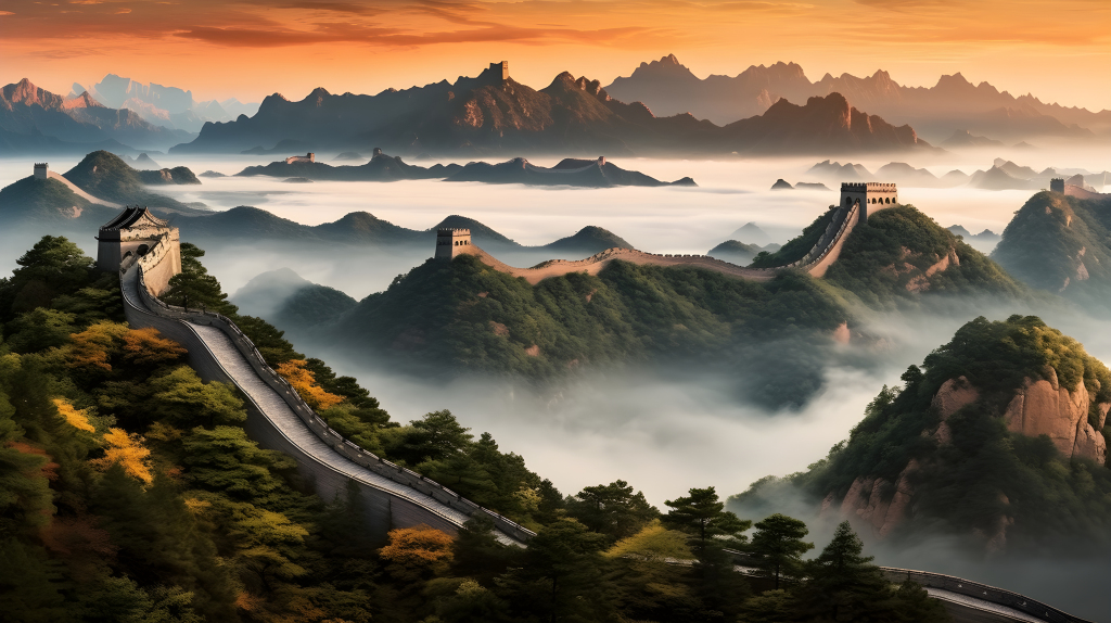 日出下的中国长城美景摄影图片