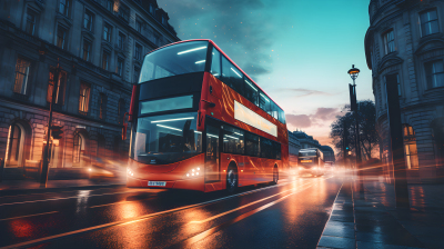 黄昏双层巴士在城市街道上行驶的摄影图片