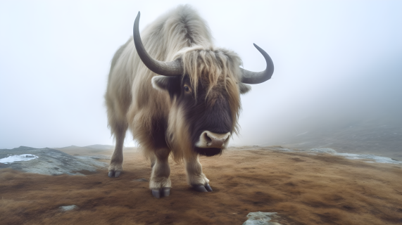 雾中成年牦牛摄影图