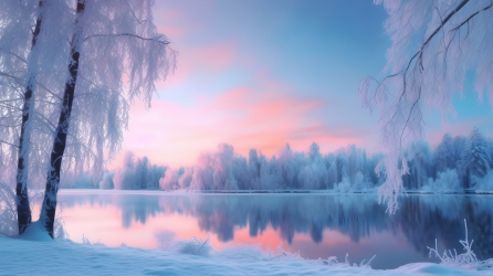 冬日林湖风光摄影图