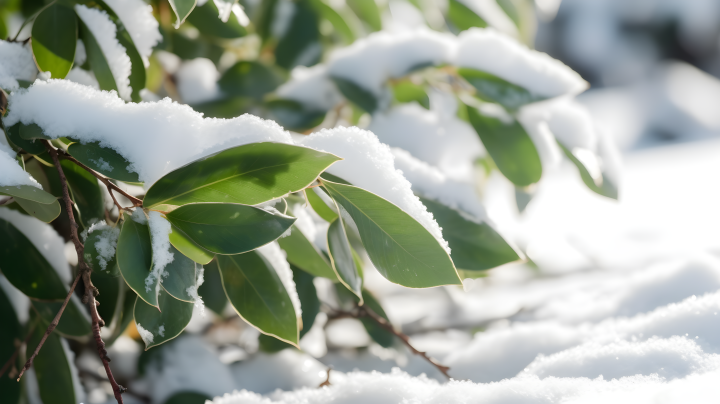 雪地中的绿叶植物摄影版权图片下载