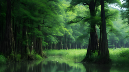 绿色竹林间的湖泊传统中国风格的摄影图片