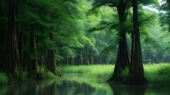 绿色竹林间的湖泊传统中国风格的摄影图片