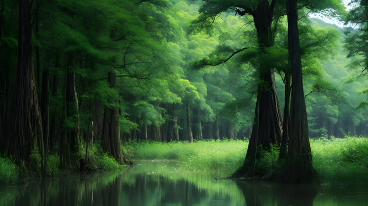 绿色竹林间的湖泊传统中国风格的摄影版权图片下载