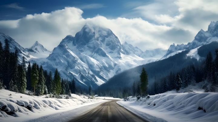 冬季山路与雪覆盖的峰顶摄影版权图片下载