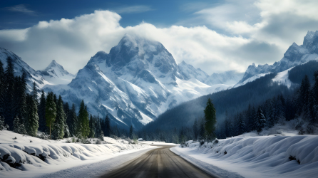 冬季山路与雪覆盖的峰顶摄影图片