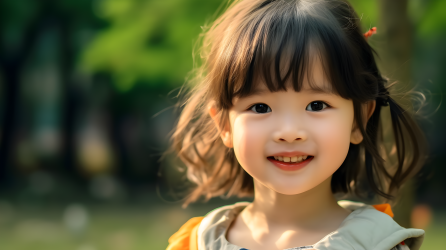 中国公园中的小女孩微笑摄影图片