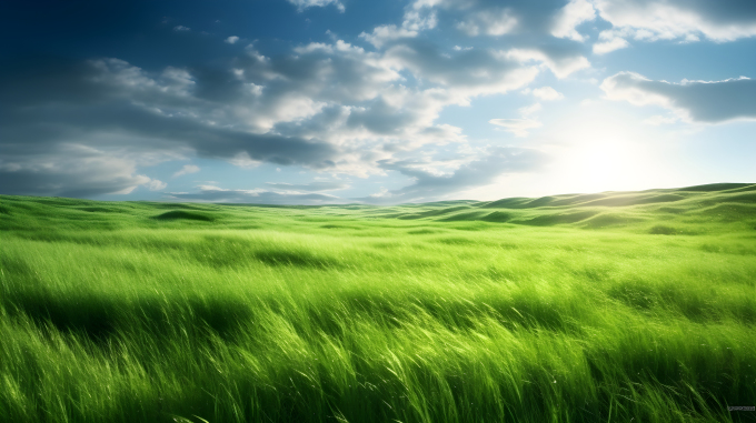 宁静优美的绿草蓝天摄影图片