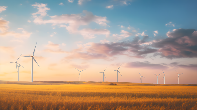 金色麦田与风力发电机摄影图片