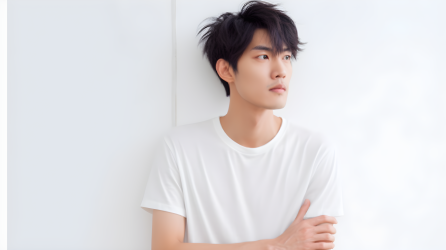 沉思中的亚洲青年男子白T恤摄影图片