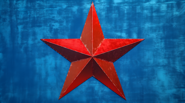 蓝色背景上的红星如闪烁金属般的摄影版权图片下载