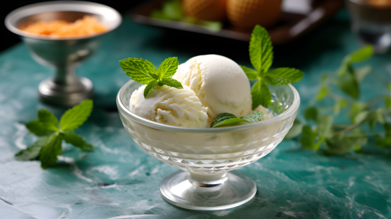 绿色桌面上美味逼真的冰淇淋摄影图