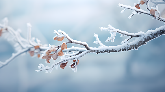 霜覆盖的枝桠与蓝色背景摄影图片