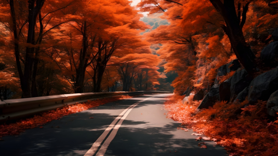 秋林红叶空旷柏油路摄影图片