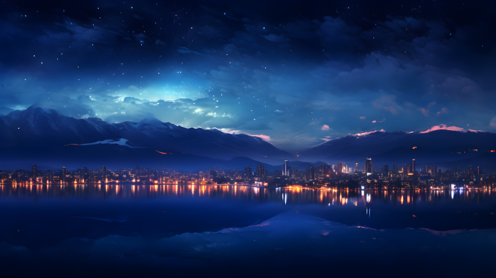 湖光山色，城市下的银河灯光版权图片下载