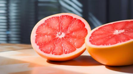 粉红红色的柚子水果切开在厨房桌上的摄影图