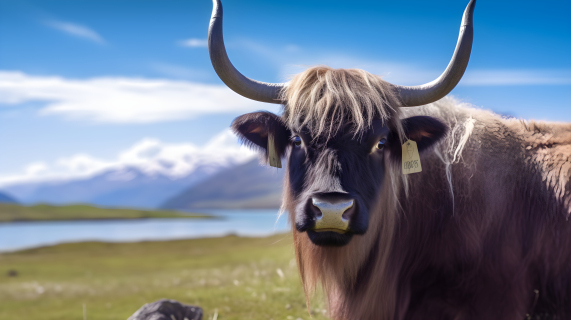 湖畔野牦牛摄影图