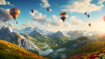 绚丽多层次的山景热气球飞行摄影图片
