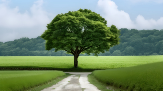 日本风格的绿色路径和田野上的一棵树摄影图片