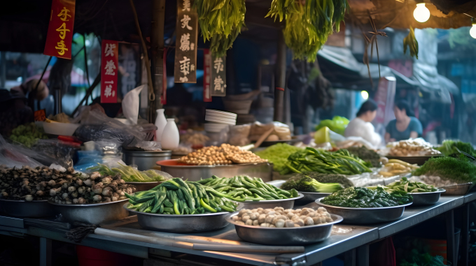 天津汉晶食摊：有机质感的绿黑色摄影图片