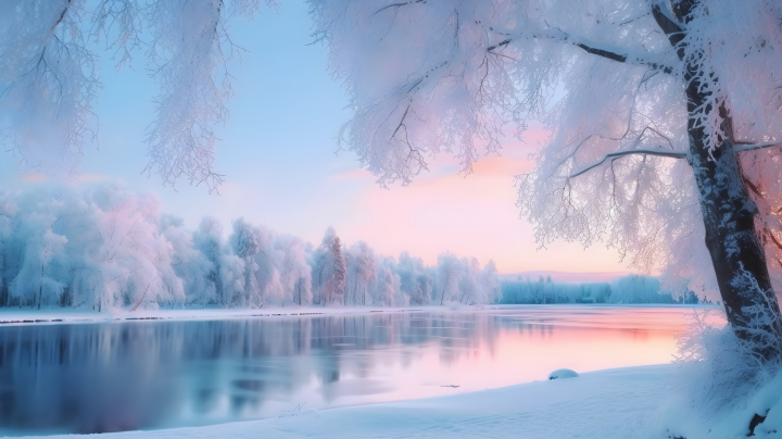 粉蓝绮丽的雪景摄影图版权图片下载