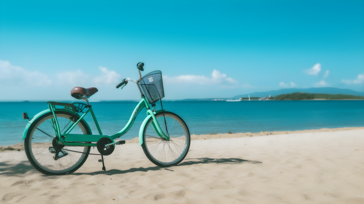 碧海沙滩上的绿色自行车摄影版权图片下载