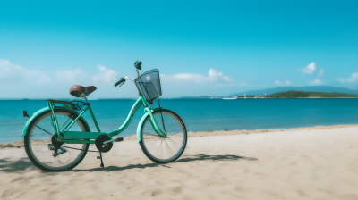 碧海沙滩上的绿色自行车摄影图片