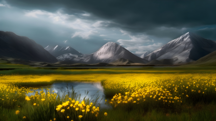 幽暗苍翠池畔山峦间的黄花摄影图版权图片下载