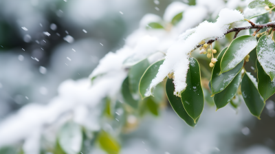 绿叶上覆盖着白雪的植物摄影图片