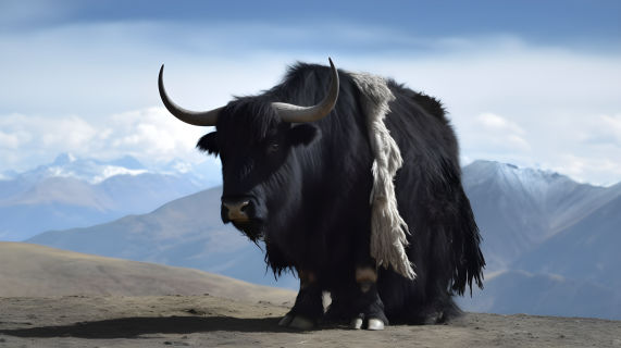 黑白牦牛在山顶放牧的摄影图片