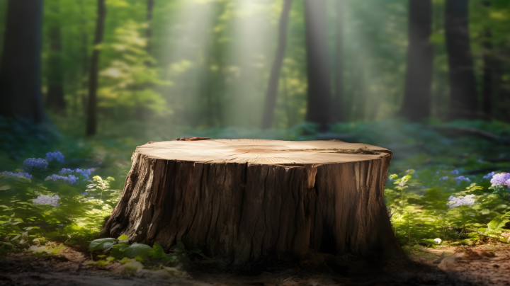 林间石桌上的树桩摄影图版权图片下载