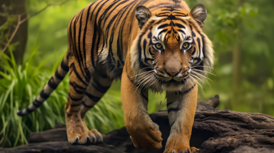 森林背景下的虎在林间漫步摄影图