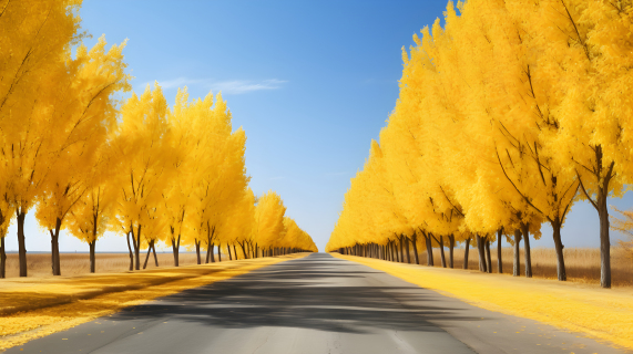 秋林黄叶落空旷道路摄影图