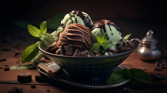 绿黑风格巧克力冰淇淋摄影图