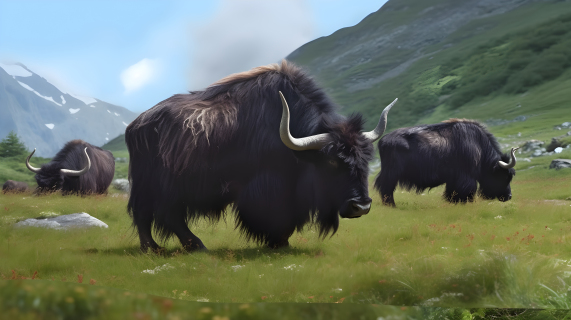 山地中的牦牛在紫黑色与暗棕色的风景中摄影图片