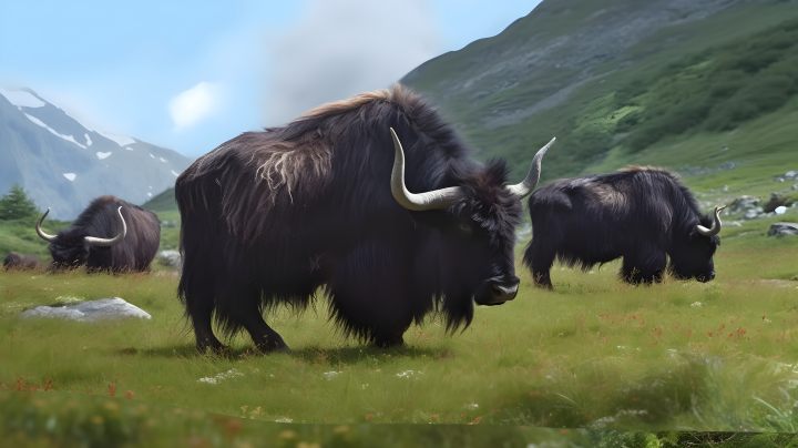 山地中的牦牛在紫黑色与暗棕色的风景中摄影版权图片下载