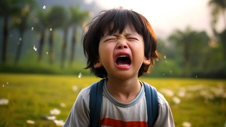 户外草地上哭泣的男孩摄影图片