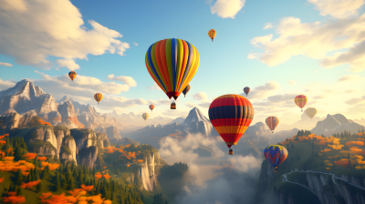 多层次真实主义风格的山区热气球飞行摄影图片