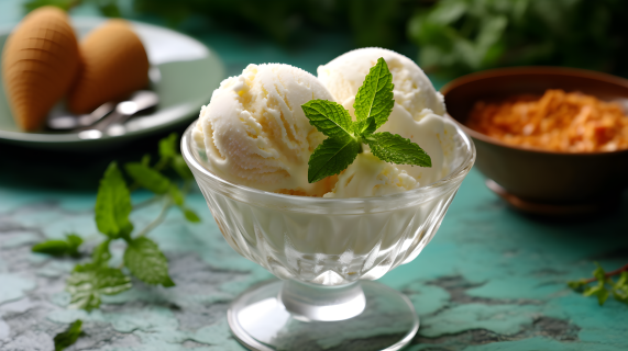 绿色桌面上的奶油冰淇淋摄影图片