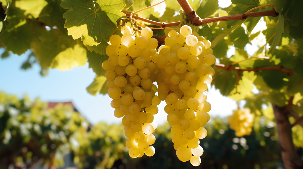 阳光照耀下挂满明亮黄色葡萄的树摄影图