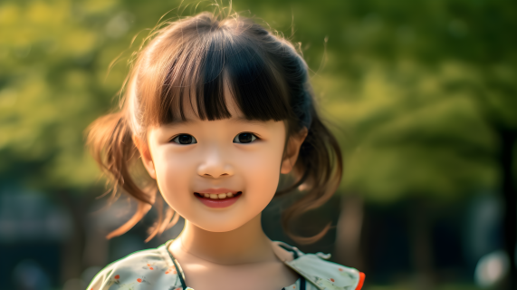 公园中的小女孩微笑着面对镜头摄影图片