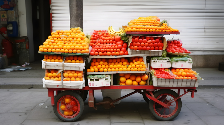 装满橙子的车，精心摆放的水果堆叠摄影图版权图片下载