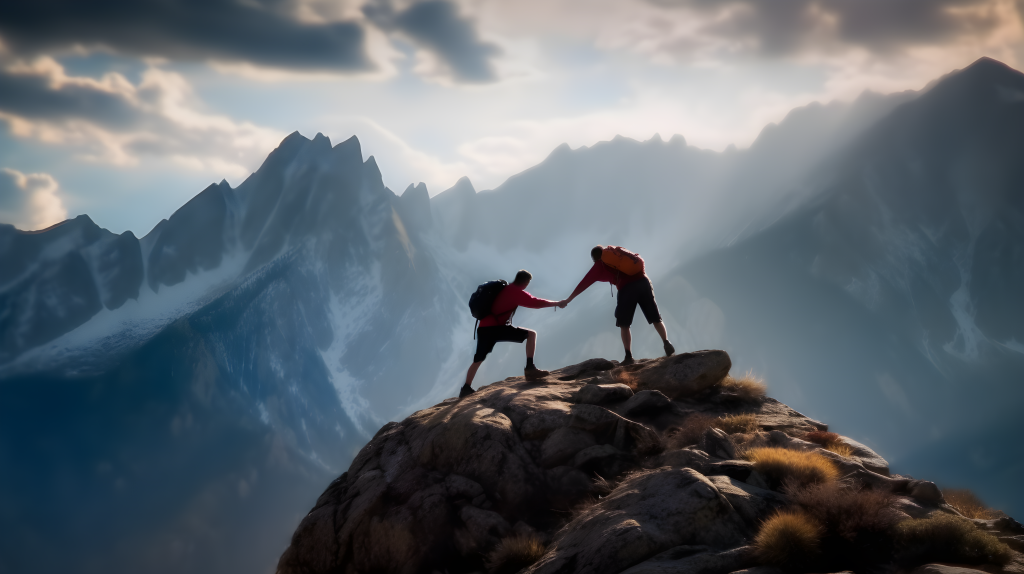 两位男子互相支持，攀登山峰摄影图片