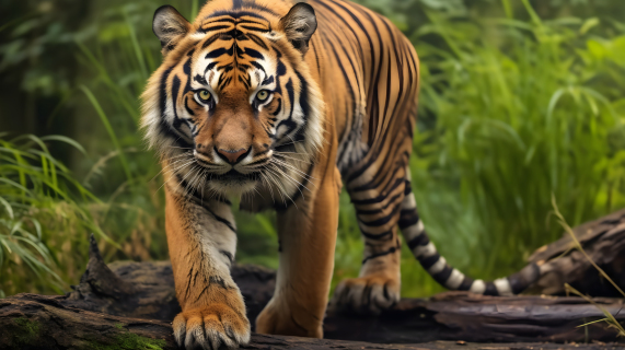森林背景下的虎在树林中行走的逼真摄影图片